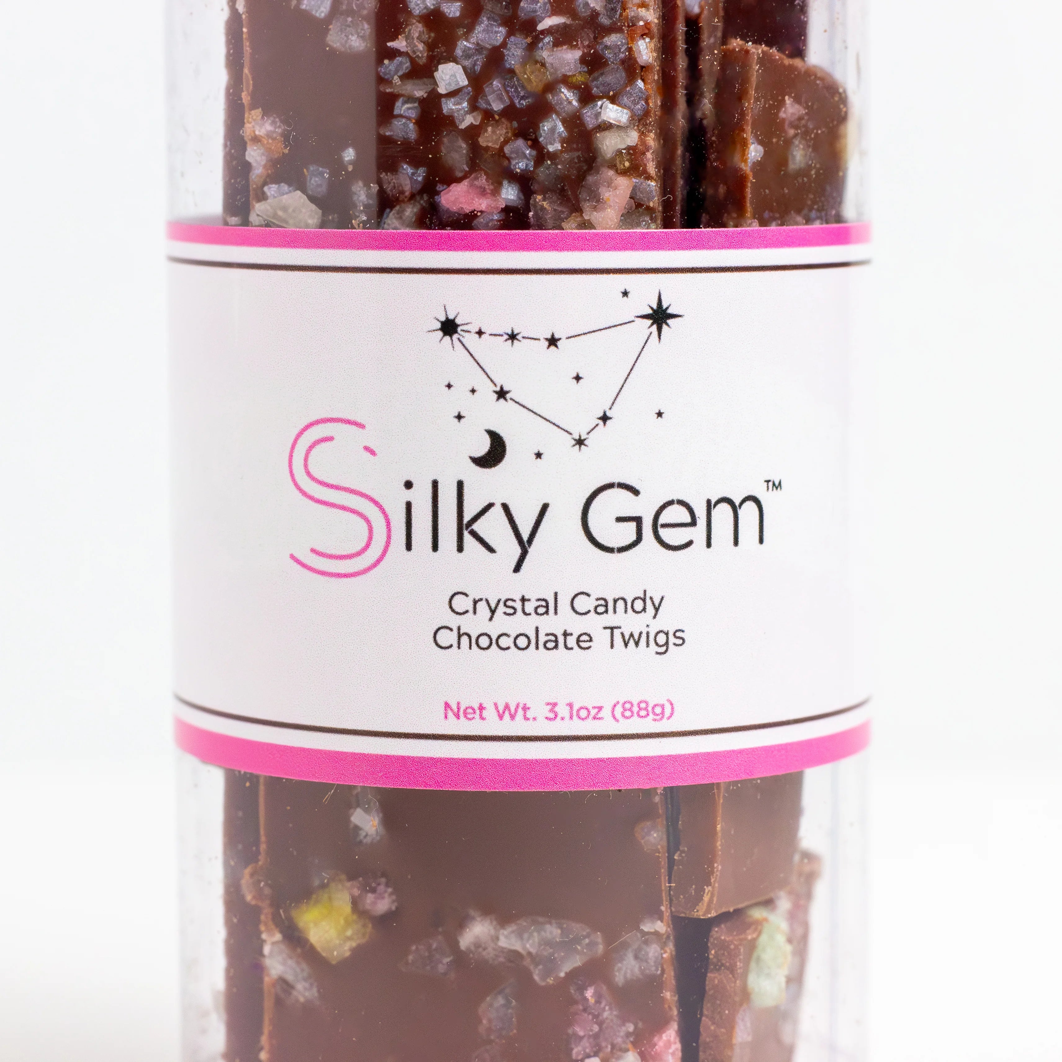 Silky Gem crystal candy chocolate twigs packaging on a white background