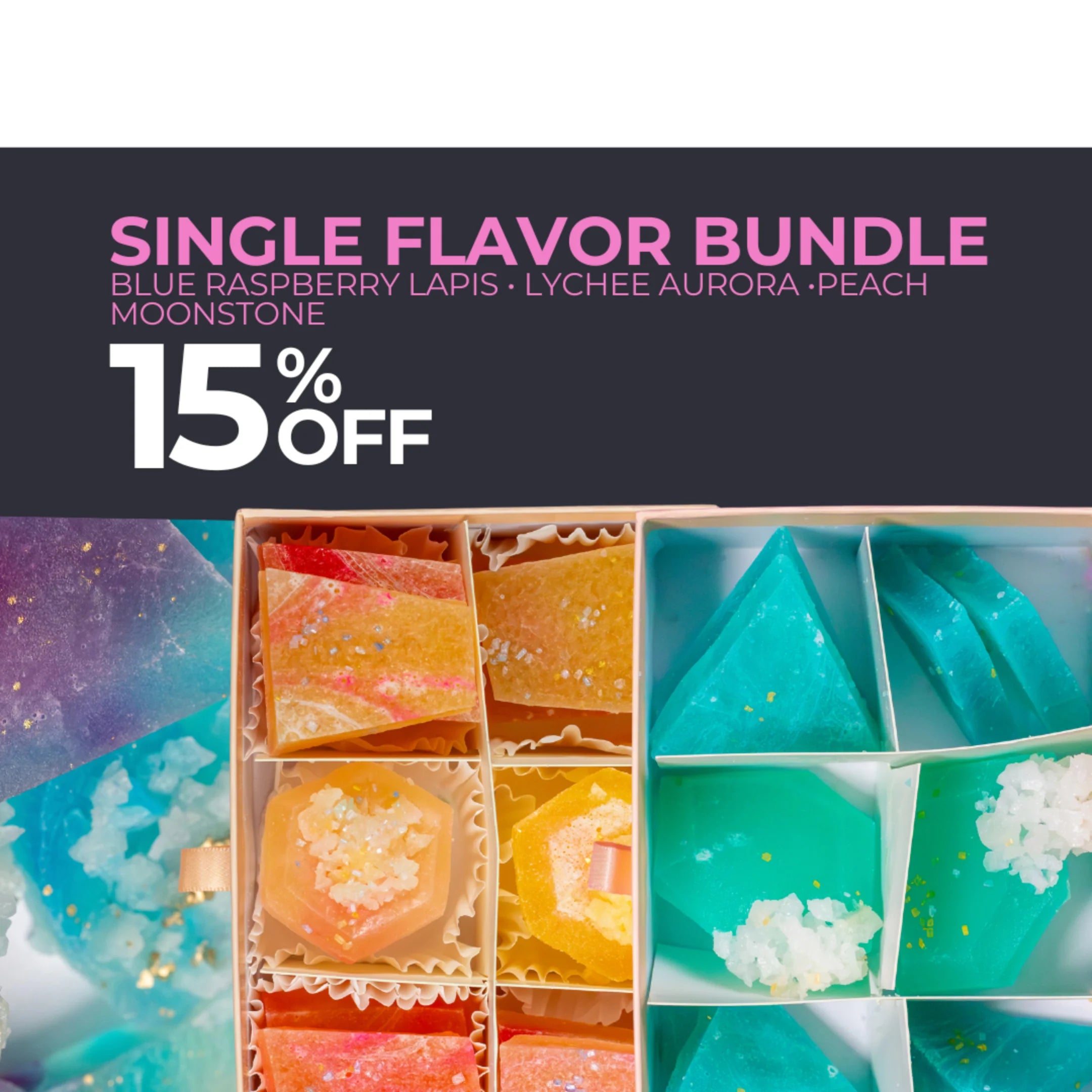 Colorful single flavor bundle with a 15% off discount on a white background