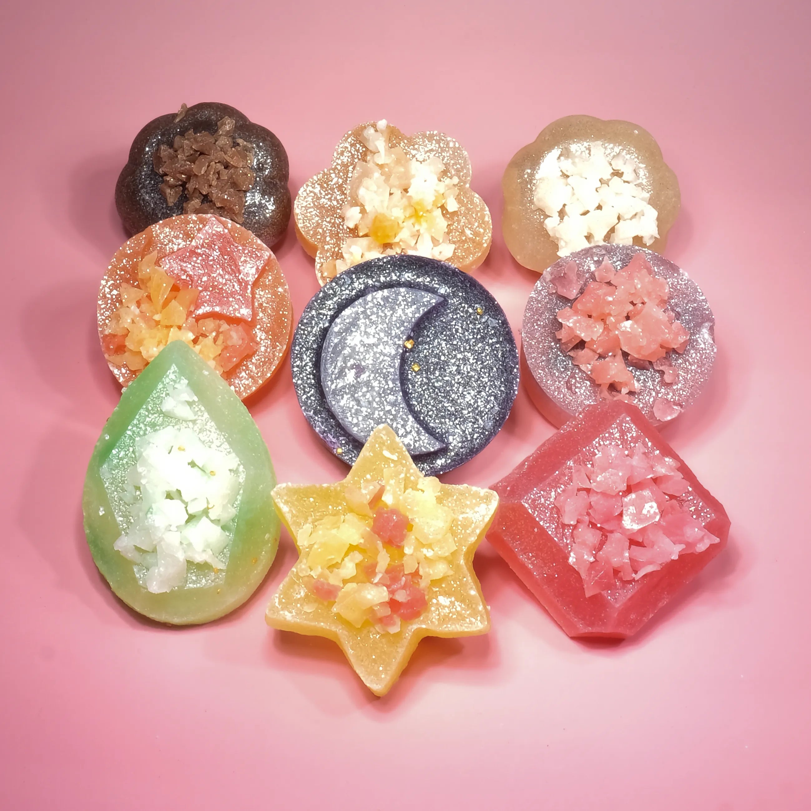 Assorted Silky Gem crystal candy collection featuring multiple flavors, each with a crunchy shell and firm-jelly center.
