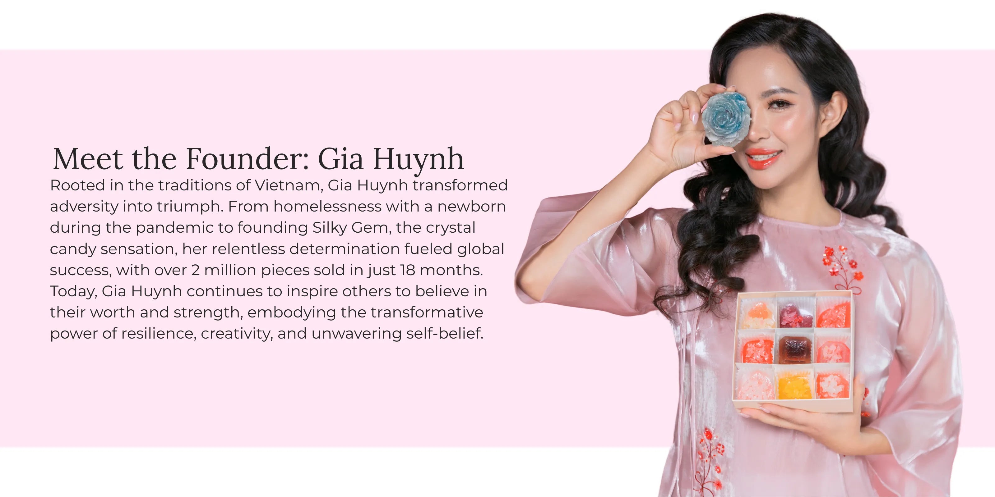 Woman holding a box of candies with text about the founder on a pink background