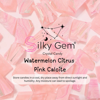 Silky Gem crystal candy packaging with pink calcite crystals on a pink background